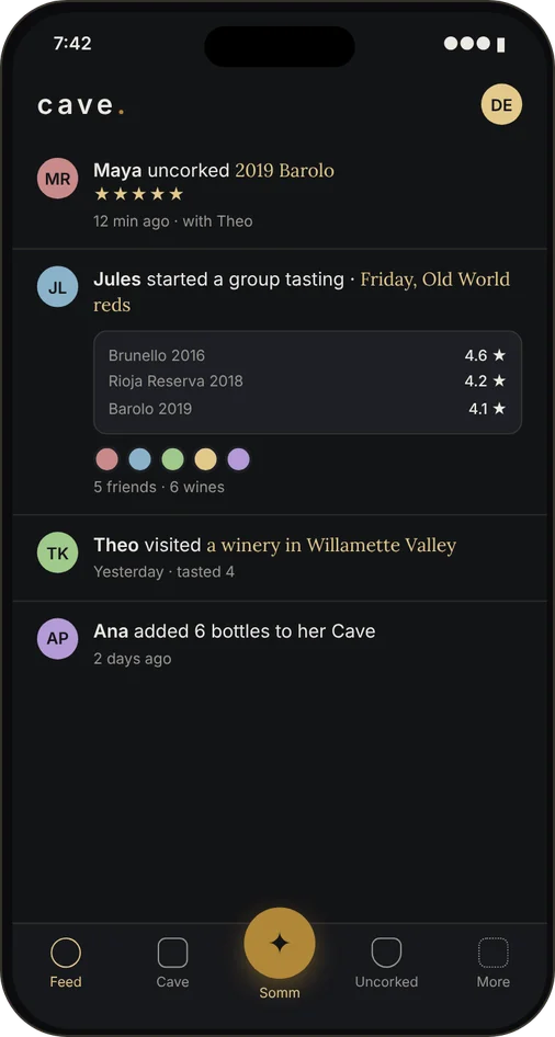 Cave feed showing friends uncorking bottles, a group tasting with ratings, and a winery visit